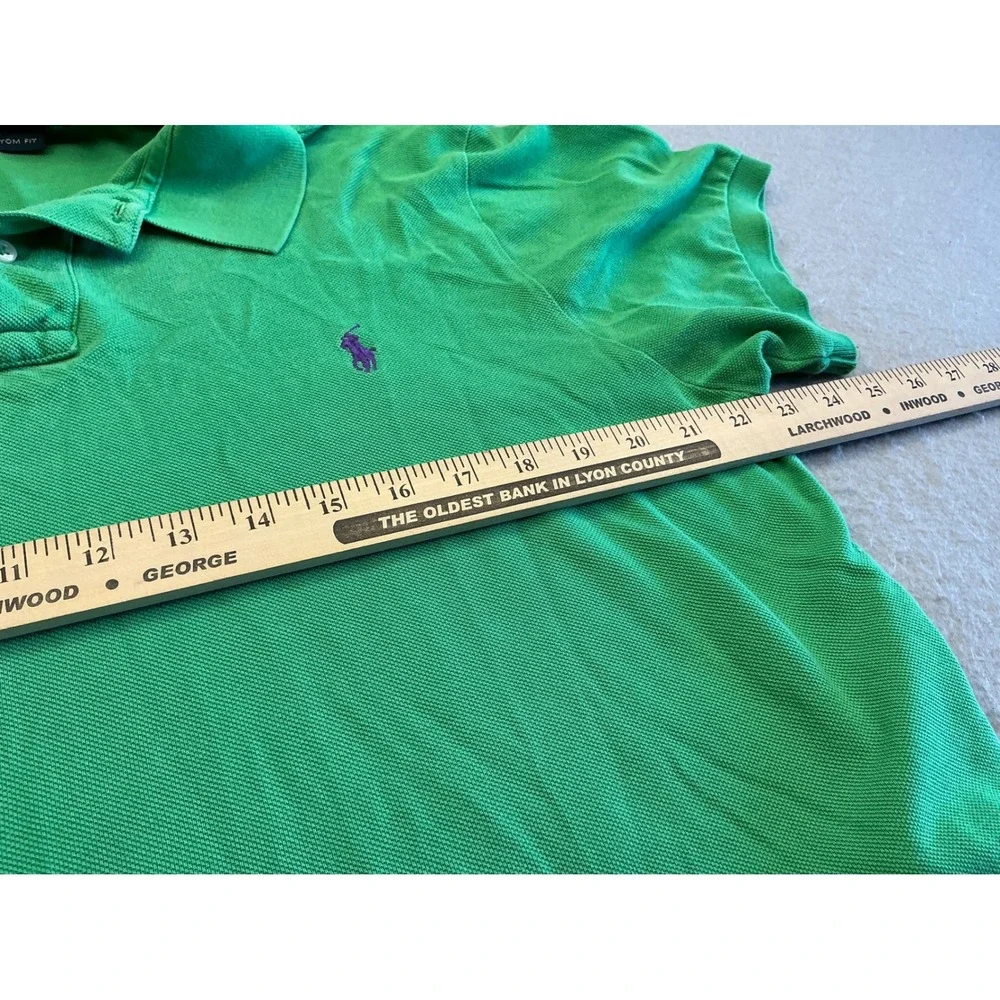 Polo Ralph Lauren Green Polo Shirt Custom Fit Purple Pony Size L Mens Pique